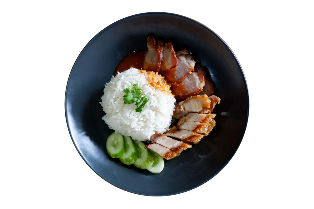 Plate of rice with sliced roasted meat