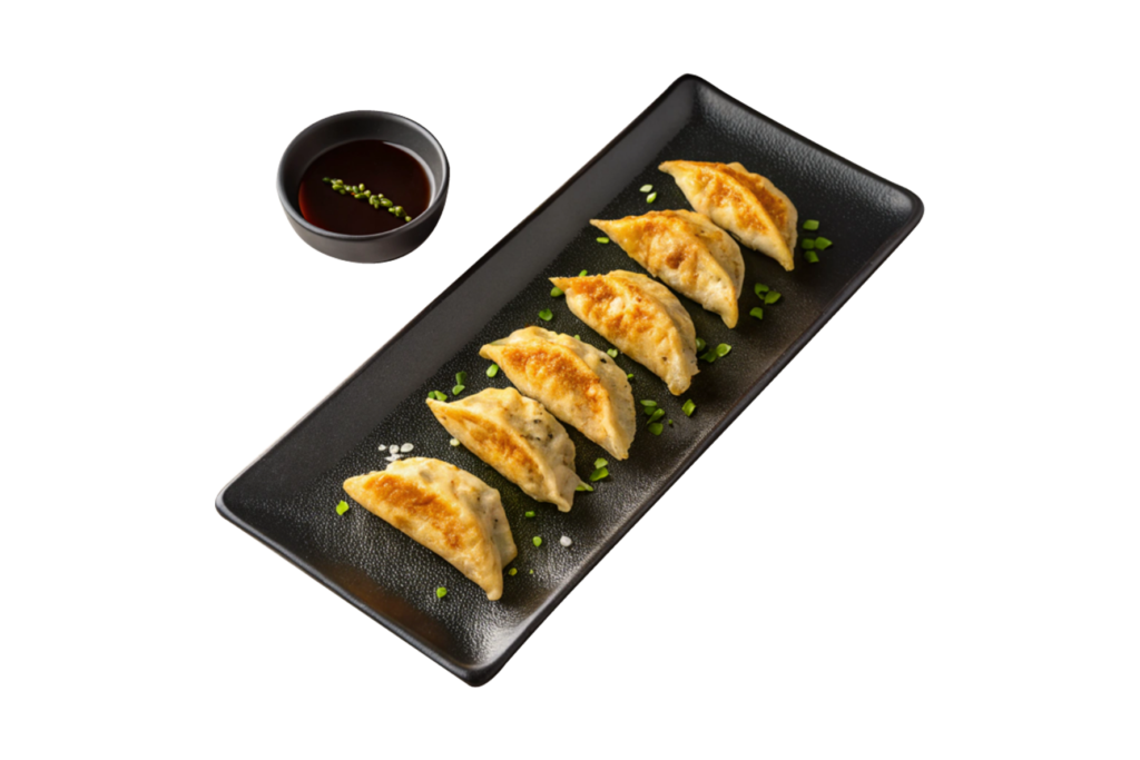 Pan-fried dumplings on black rectangular plate