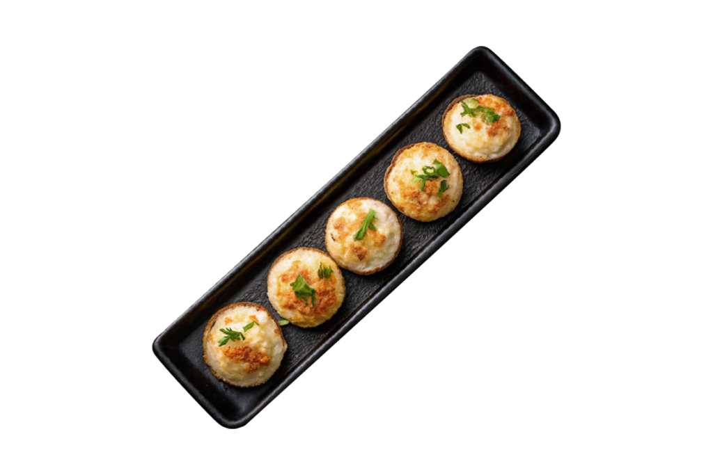 Tray of five savory stuffed pastries displayed.