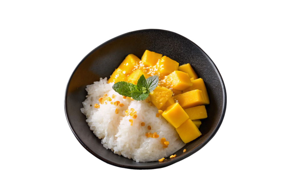 Mango sticky rice dessert with mint garnish