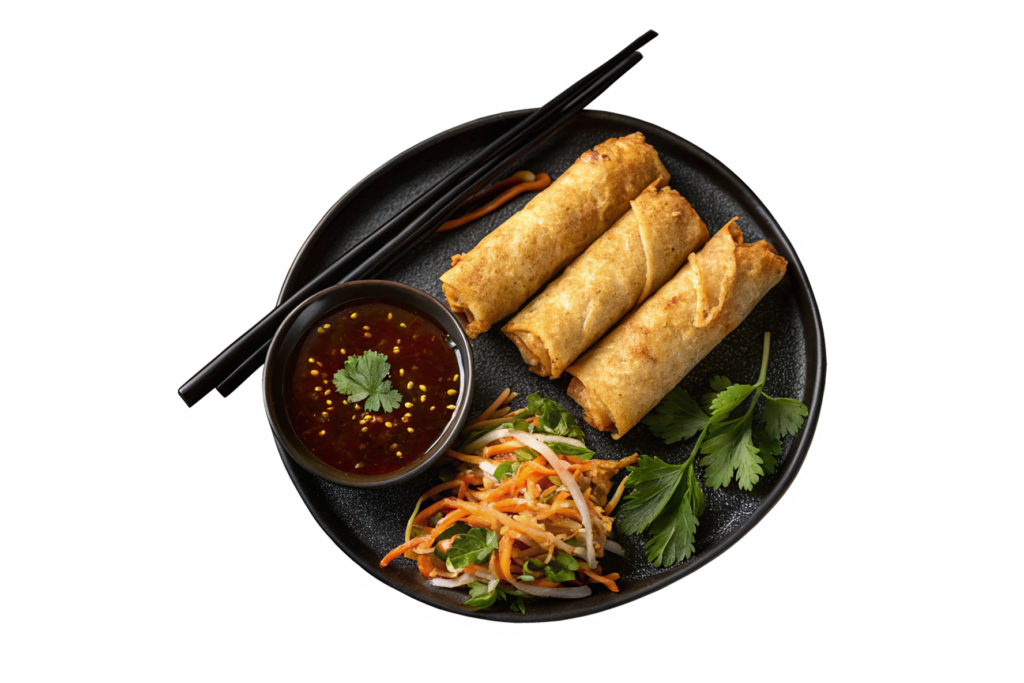 Plate of spring rolls with dipping sauce