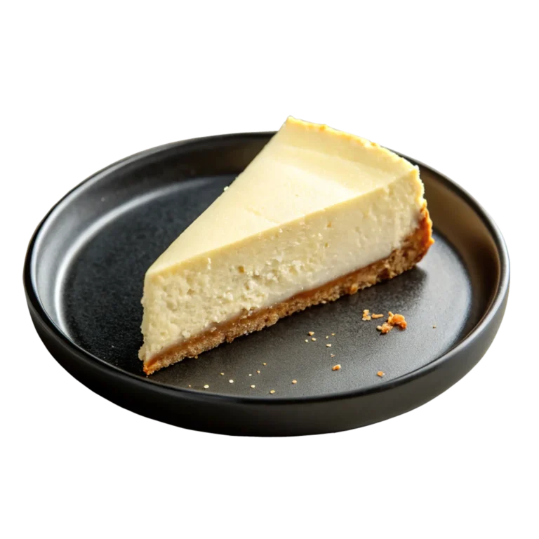 A single slice of creamy classic cheesecake on a black plate with a graham cracker crust