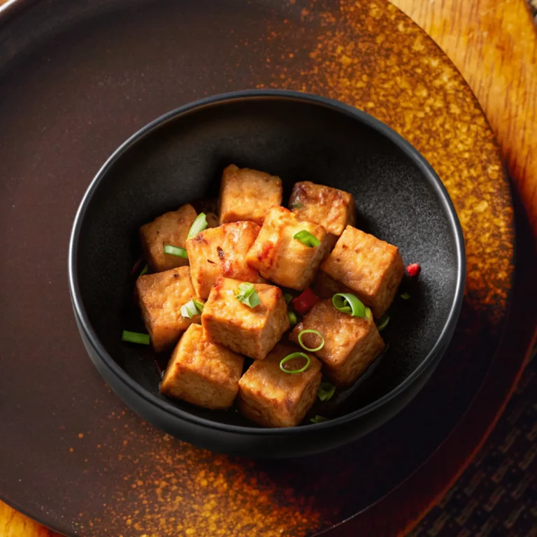 Crispy golden tofu cubes garnished with scallions, served hot with spicy peanut sauce