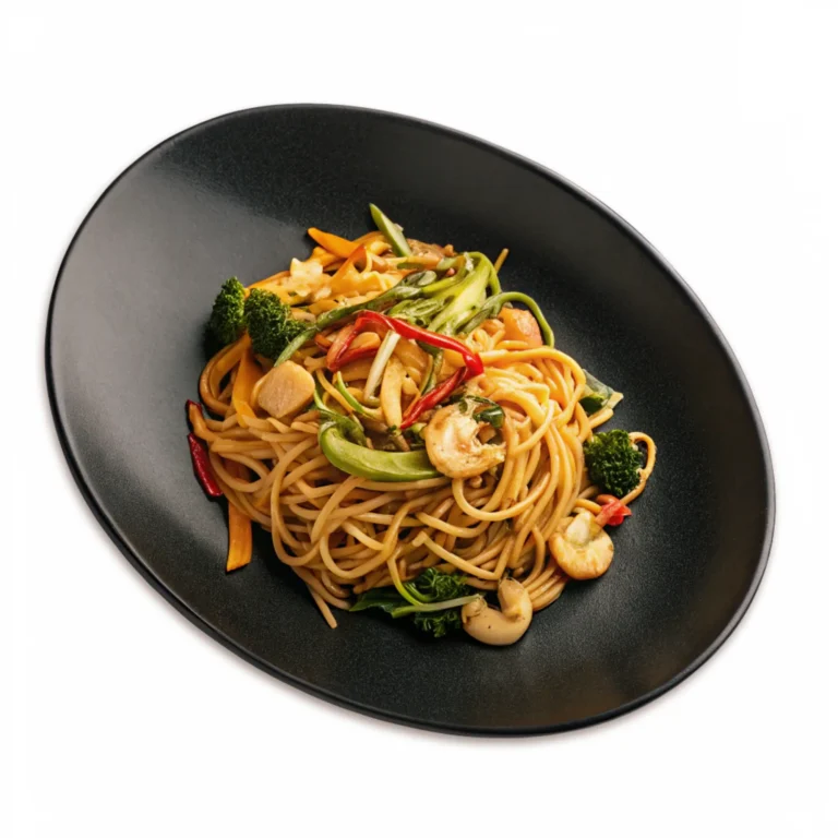Stir-fried garlic noodles with shrimp, broccoli, bell peppers, and chili in a black oval plate