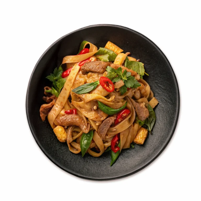 Thai drunken noodles stir-fried with beef, chili, holy basil, and vegetables in a black bowl