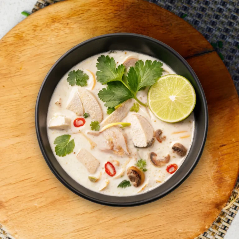 Creamy Thai Tom Kha soup with chicken, mushrooms, red chili, lime, lemongrass, and fresh cilantro in a black bowl