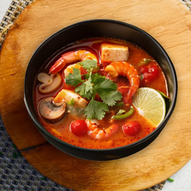 Spicy Thai Tom Yum soup with shrimp, mushrooms, tofu, cherry tomatoes, lime, and fresh cilantro in a black bowl